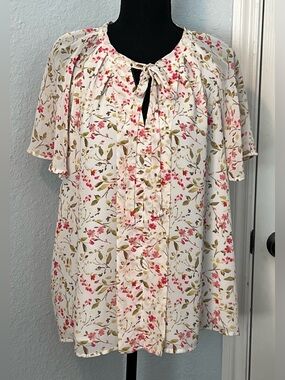CeCe Sheer Overlay Tie-Neck Blouse Cream Floral with Pink & Olive Accents EUC